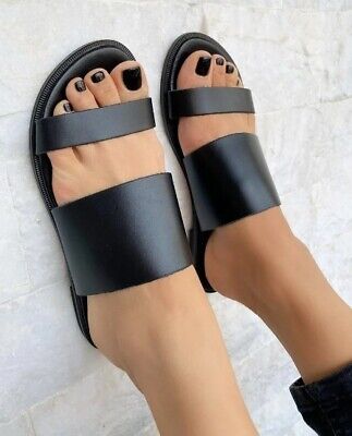 Schwarze Leder Schiebesandalen, griechische Sandalen, Damenschuhe, Aus 100% echt  | eBay