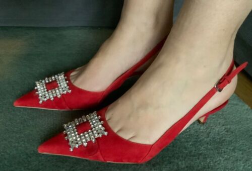 Zara Leder Pumps Kitten Heel Slingback mit Broche Rot Gr. 37  | eBay