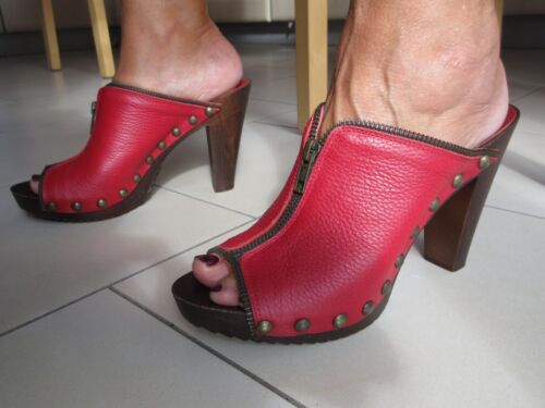 Pantoletten Clogs High Heels 40 rot sexy Leder Holz Italy bequem Sommer Damen  | eBay