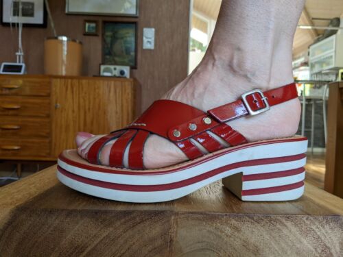 Mode von Heine Damen  Sandaletten Blockabsatz Weiss Rot Marine  Größe 39  | eBay
