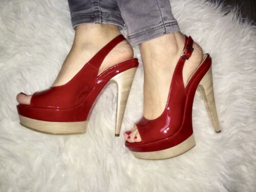 decolte pumps plateau Red Patent Shiny vernice sexy High heel open toe slingback  | eBay